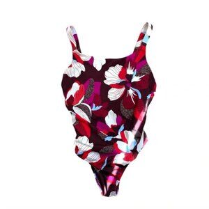 Athleta Power Of She Hermosa One Piece Swimsuit Maroon Hibiscus Floral Print S